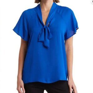 Pleione 🟣​ EUC Size Large Royal Blue Tie Neck Blouse